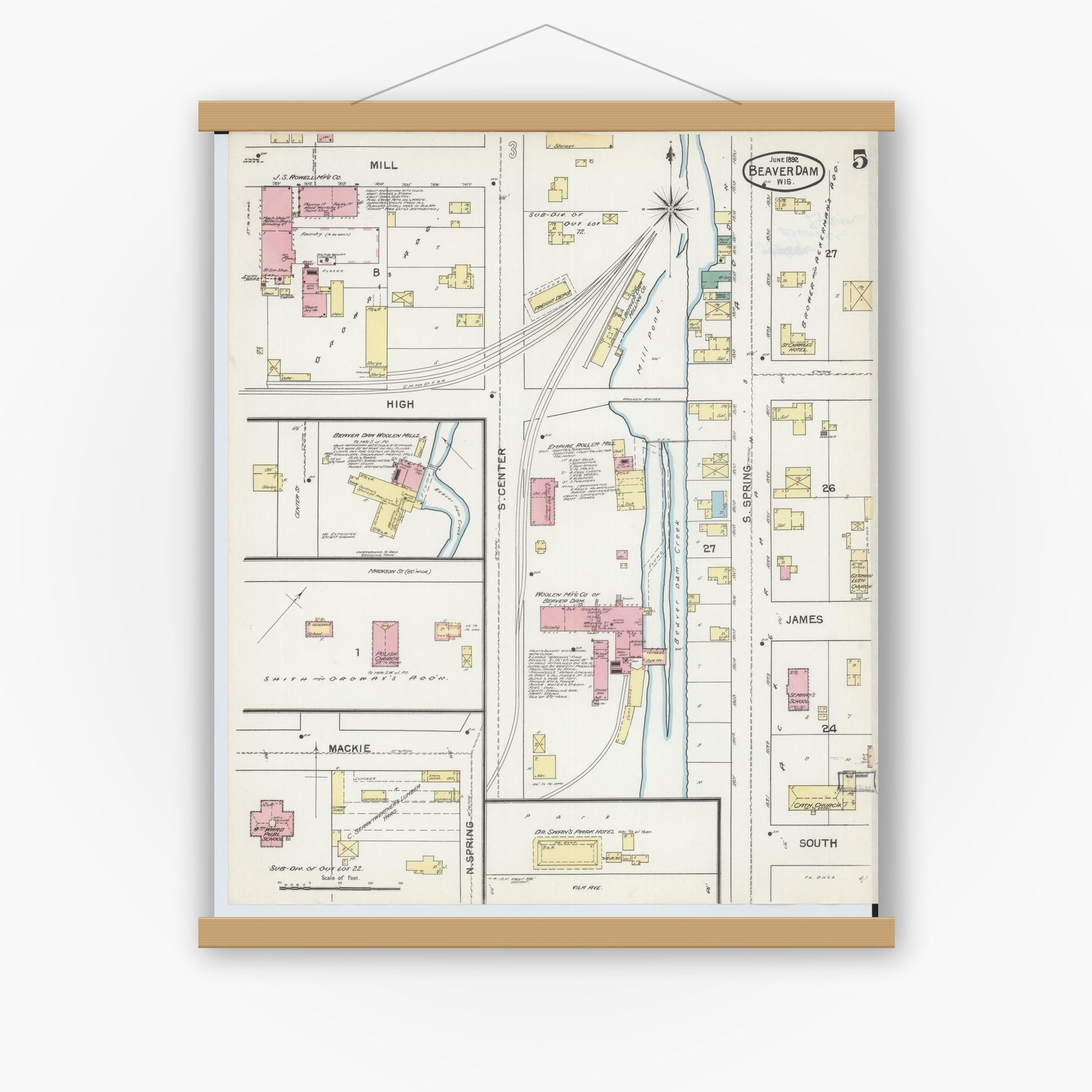 Old map wall art mockup — magnetic wood frame on white wall — Sanborn Fire Insurance Map from Beaver Dam, Dodge County, Wisconsin (1892), Sheet #0005