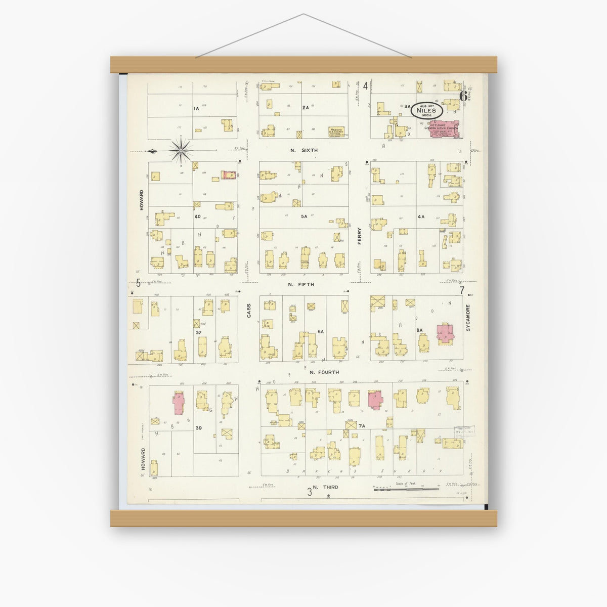 Old map wall art mockup — magnetic wood frame on white wall — Sanborn Fire Insurance Map from Niles, Berrien County, Michigan (1907), Sheet #0006
