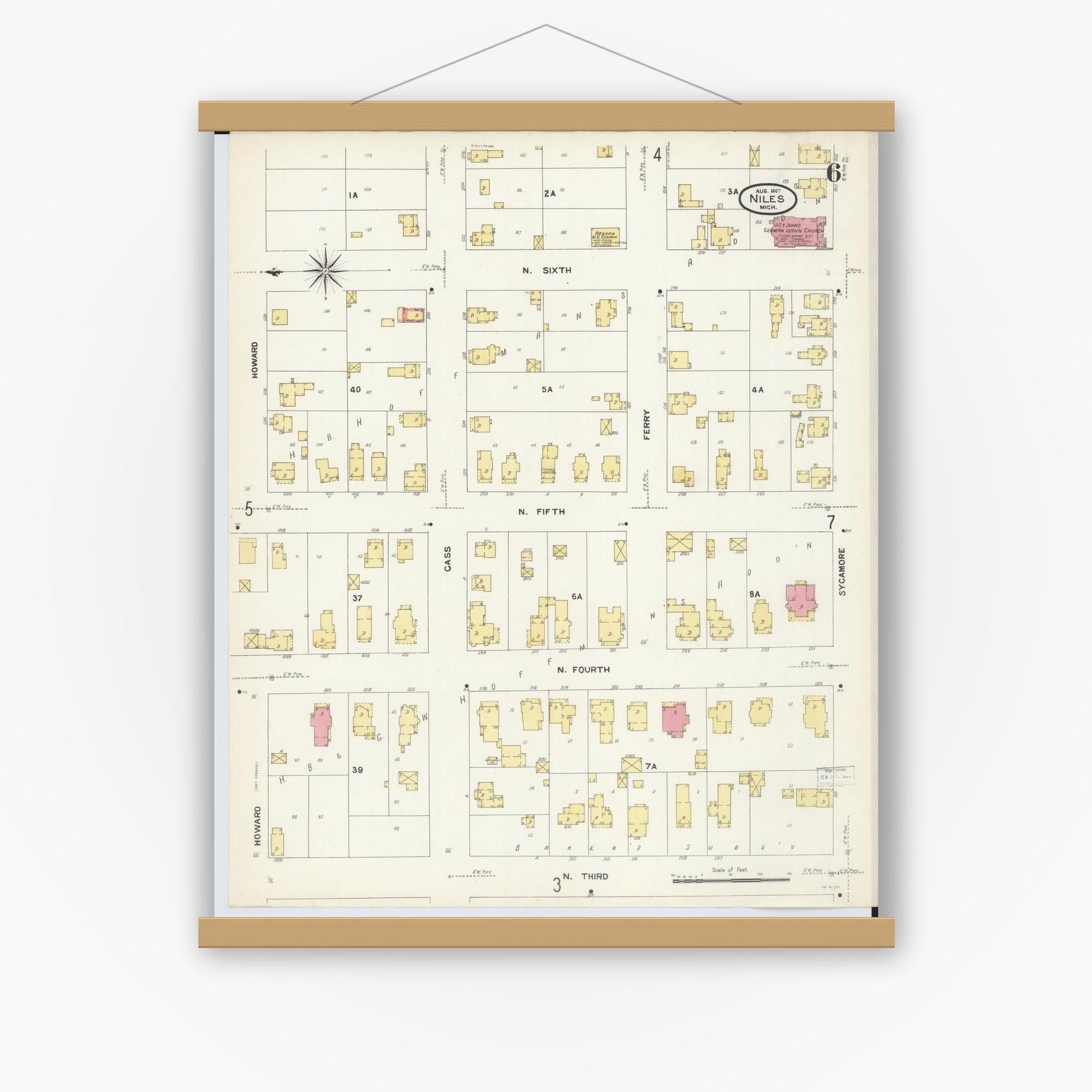 Old map wall art mockup — magnetic wood frame on white wall — Sanborn Fire Insurance Map from Niles, Berrien County, Michigan (1907), Sheet #0006