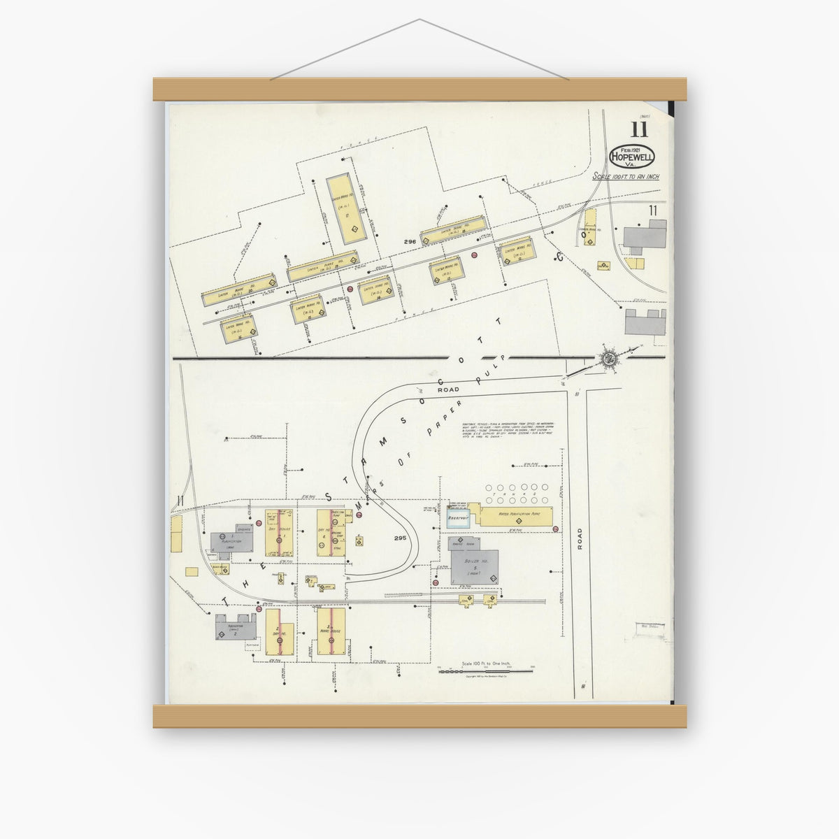 Old map wall art mockup — magnetic wood frame on white wall — Sanborn Fire Insurance Map from Hopewell, Independent Cities, Virginia (1921), Sheet #0011
