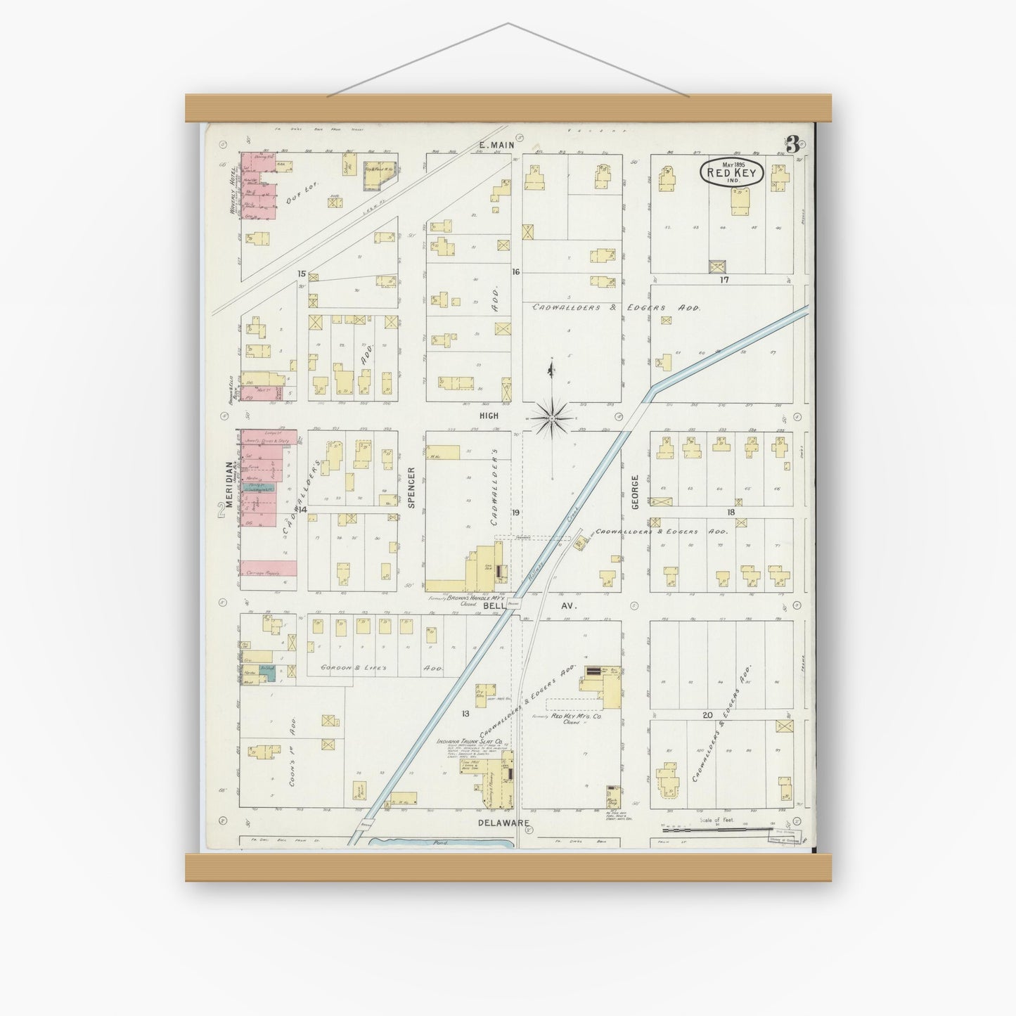 Old map wall art mockup — magnetic wood frame on white wall — Sanborn Fire Insurance Map from Redkey, Jay County, Indiana (1895), Sheet #0003