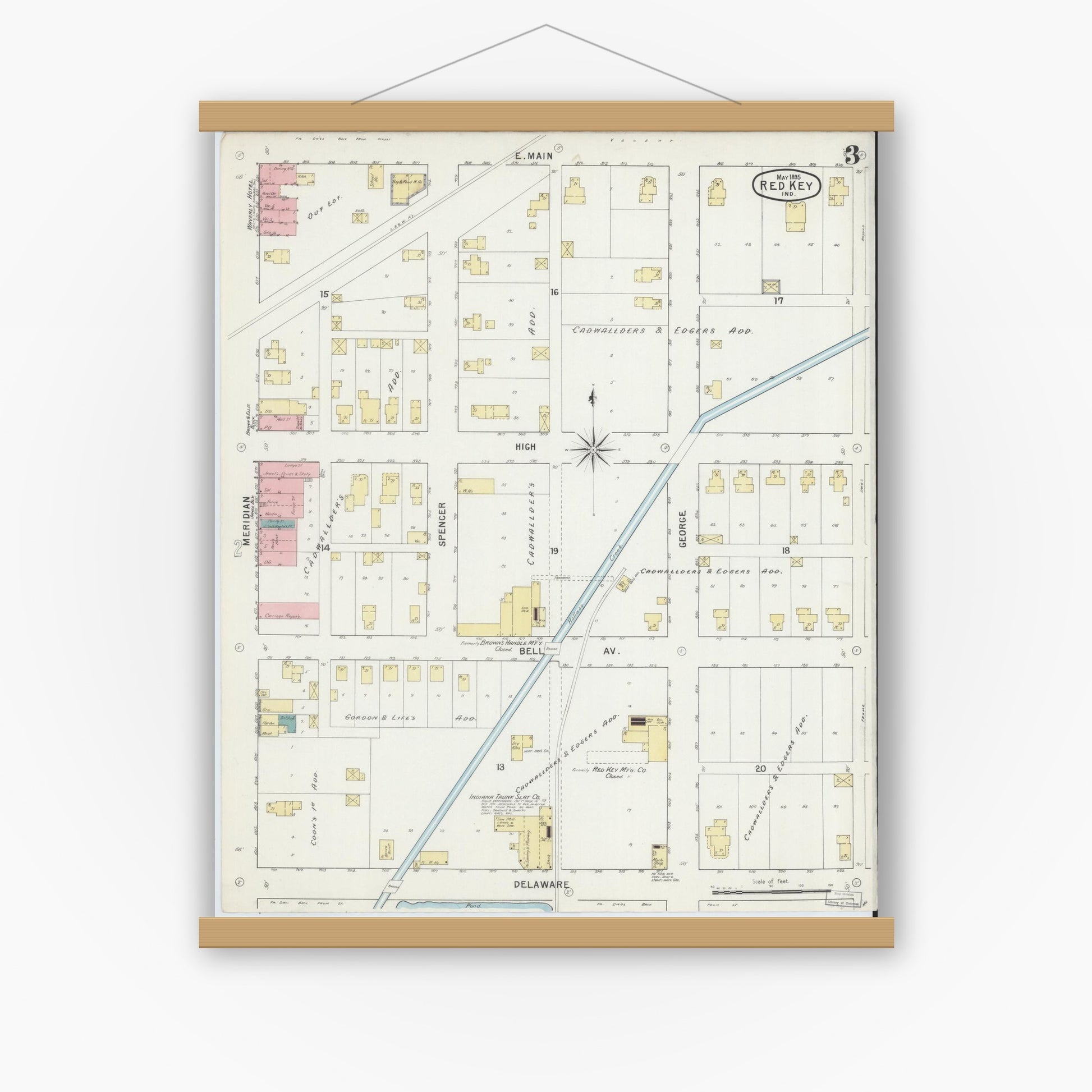 Old map wall art mockup — magnetic wood frame on white wall — Sanborn Fire Insurance Map from Redkey, Jay County, Indiana (1895), Sheet #0003