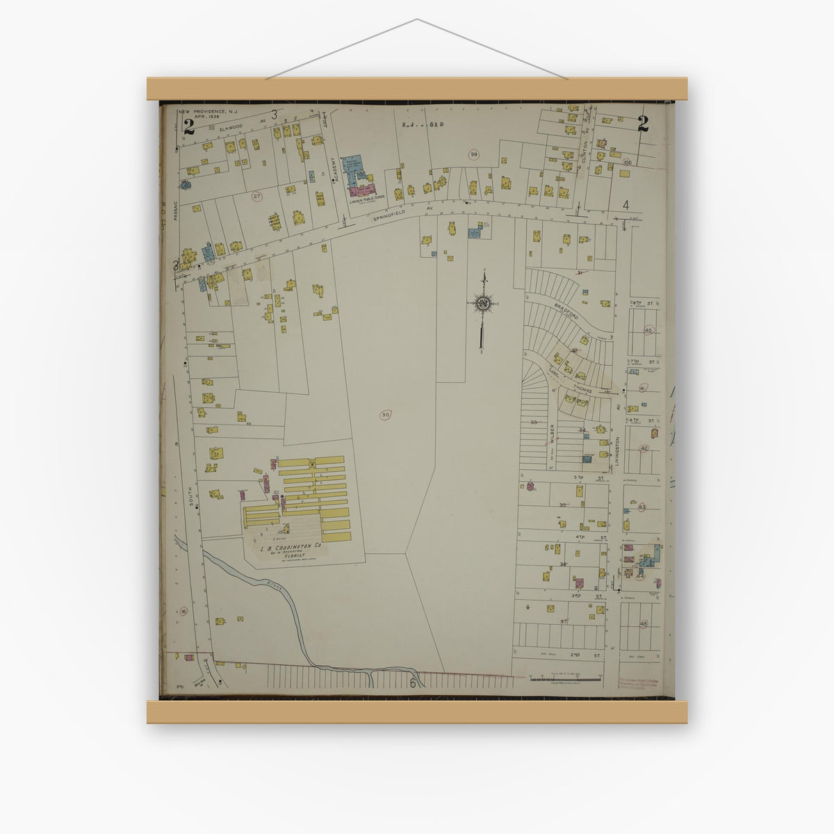 Old map wall art mockup — magnetic wood frame on white wall — Sanborn Fire Insurance Map from New Providence, Union County, New Jersey (1944), Sheet #0002