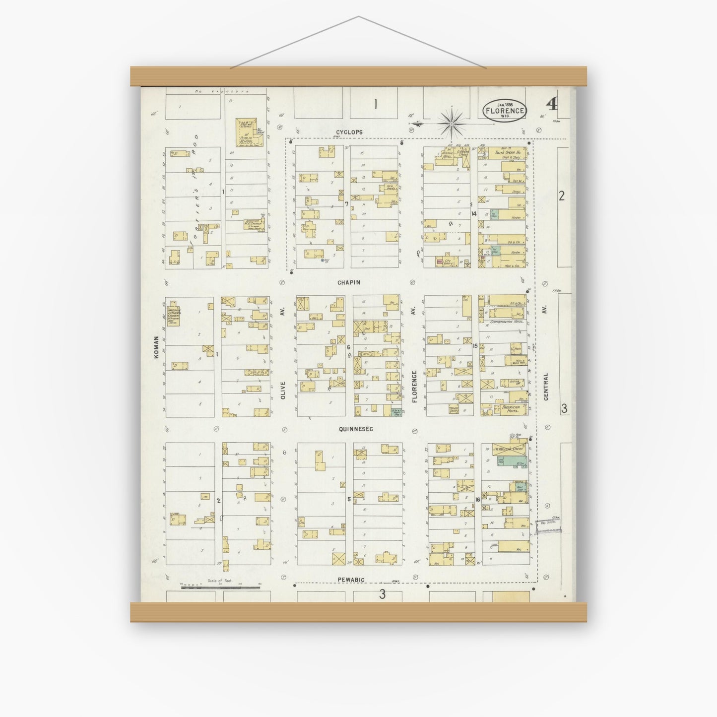 Old map wall art mockup — magnetic wood frame on white wall — Sanborn Fire Insurance Map from Florence, Florence County, Wisconsin (1898), Sheet #0004