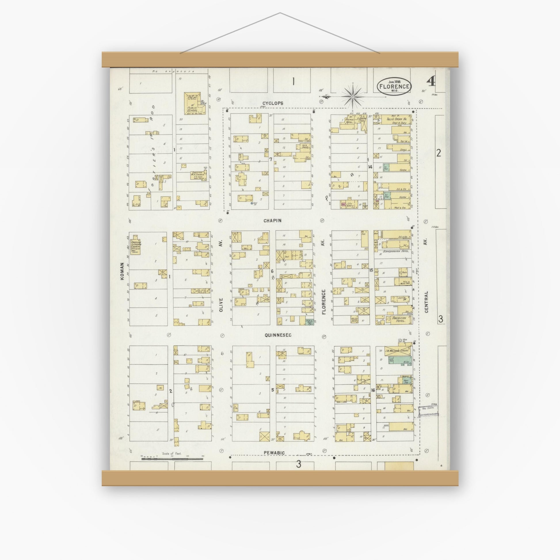 Old map wall art mockup — magnetic wood frame on white wall — Sanborn Fire Insurance Map from Florence, Florence County, Wisconsin (1898), Sheet #0004