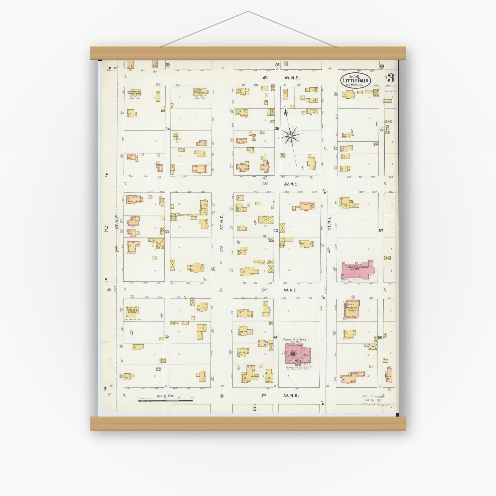 Old map wall art mockup — magnetic wood frame on white wall — Sanborn Fire Insurance Map from Little Falls, Morrison County, Minnesota (1902), Sheet #0003