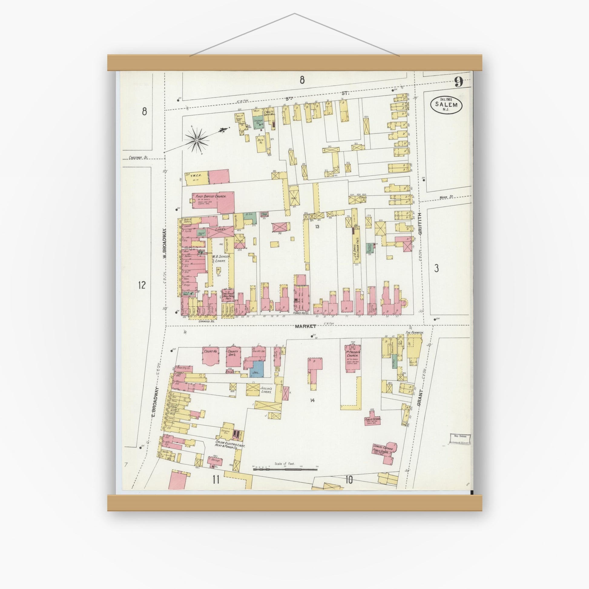 Old map wall art mockup — magnetic wood frame on white wall — Sanborn Fire Insurance Map from Salem, Salem County, New Jersey (1902), Sheet #0009