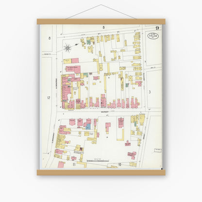 Old map wall art mockup — magnetic wood frame on white wall — Sanborn Fire Insurance Map from Salem, Salem County, New Jersey (1902), Sheet #0009