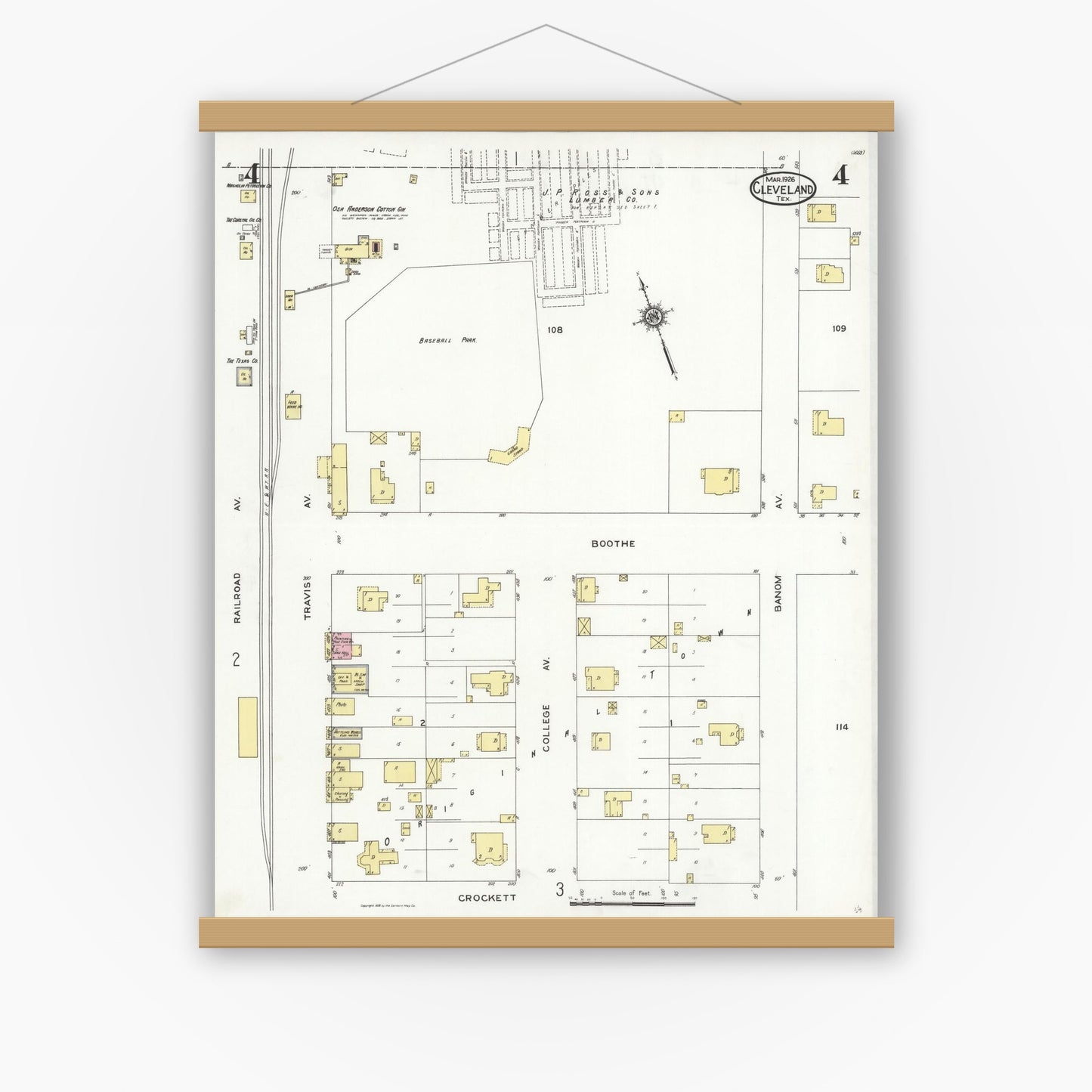 Old map wall art mockup — magnetic wood frame on white wall — Sanborn Fire Insurance Map from Cleveland, Liberty County, Texas (1926), Sheet #0004