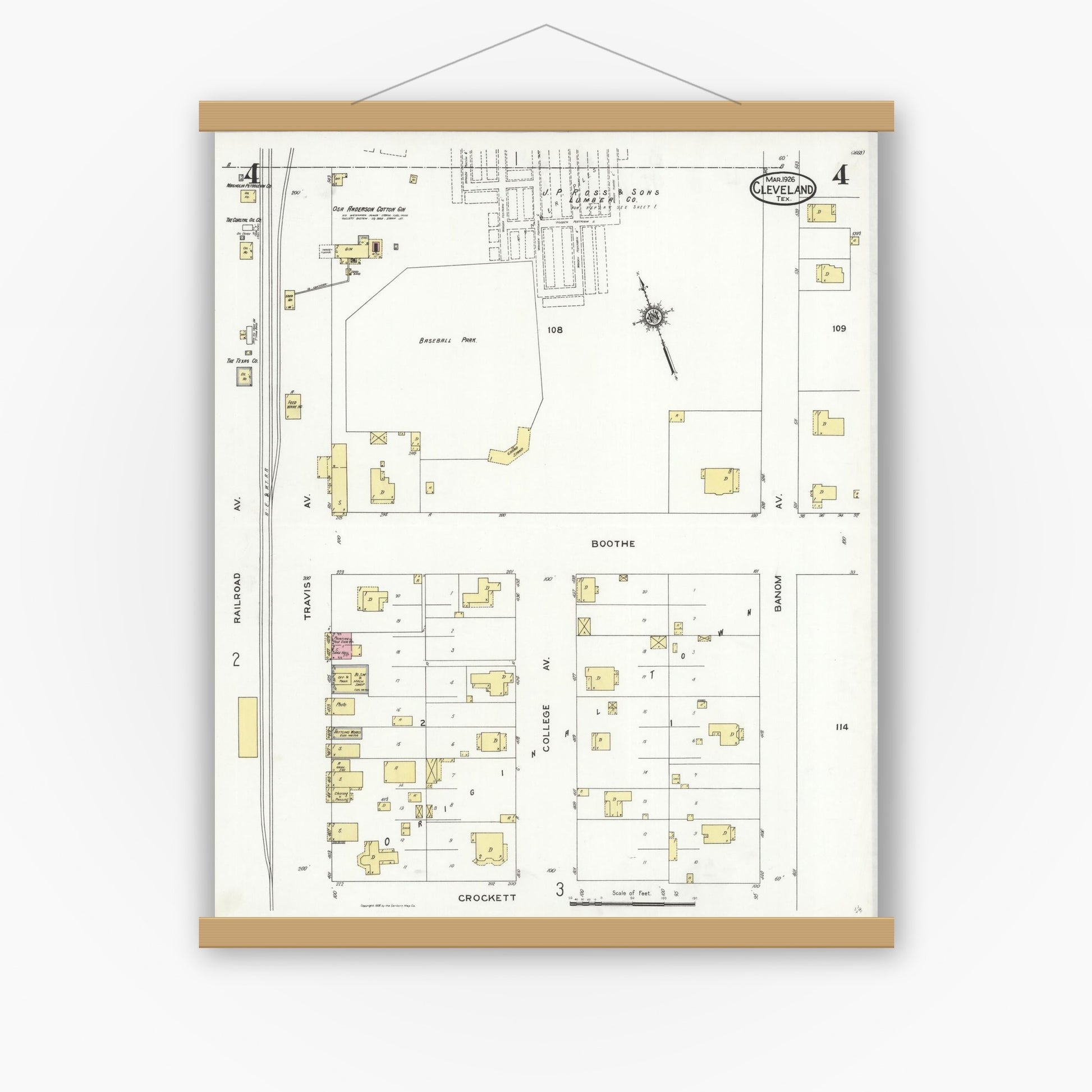 Old map wall art mockup — magnetic wood frame on white wall — Sanborn Fire Insurance Map from Cleveland, Liberty County, Texas (1926), Sheet #0004