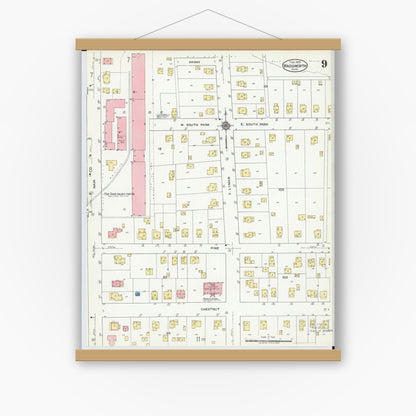 Old map wall art mockup — magnetic wood frame on white wall — Sanborn Fire Insurance Map from Wadsworth, Medina County, Ohio (1923), Sheet #0009