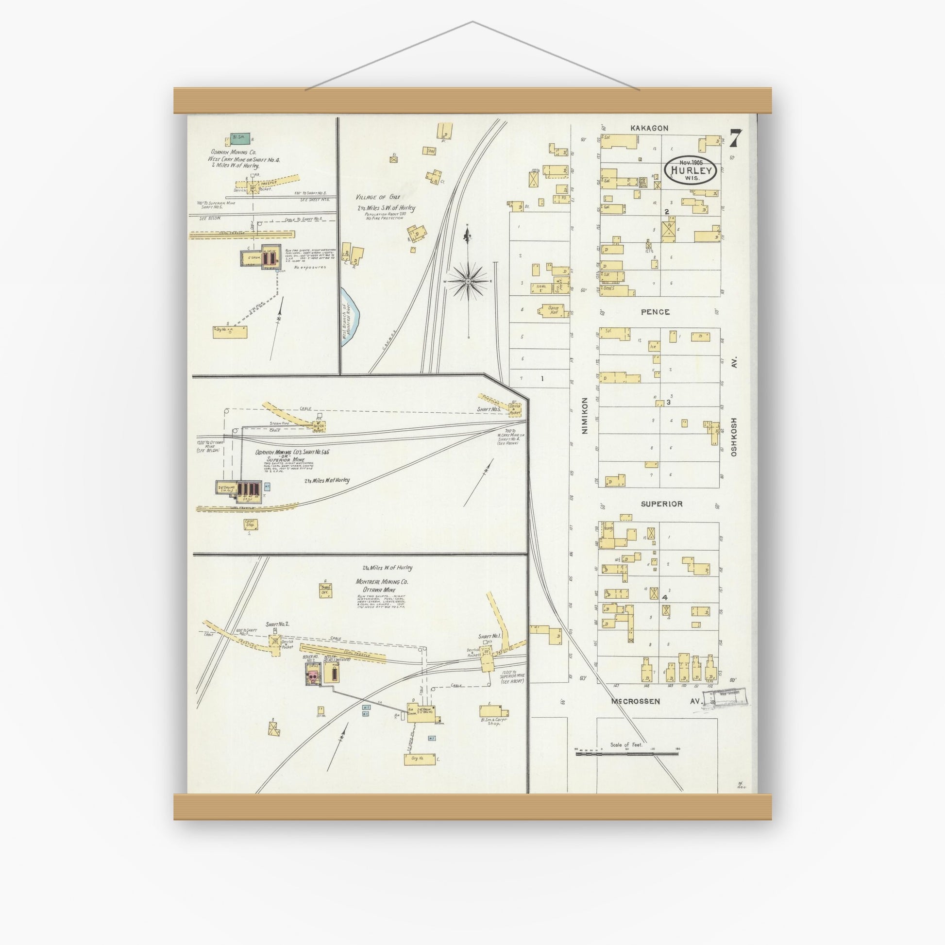 Old map wall art mockup — magnetic wood frame on white wall — Sanborn Fire Insurance Map from Hurley, Iron County, Wisconsin (1905), Sheet #0007