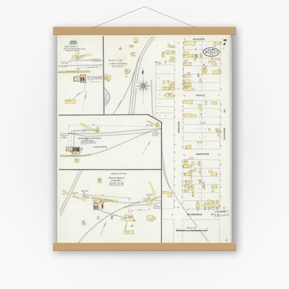 Old map wall art mockup — magnetic wood frame on white wall — Sanborn Fire Insurance Map from Hurley, Iron County, Wisconsin (1905), Sheet #0007