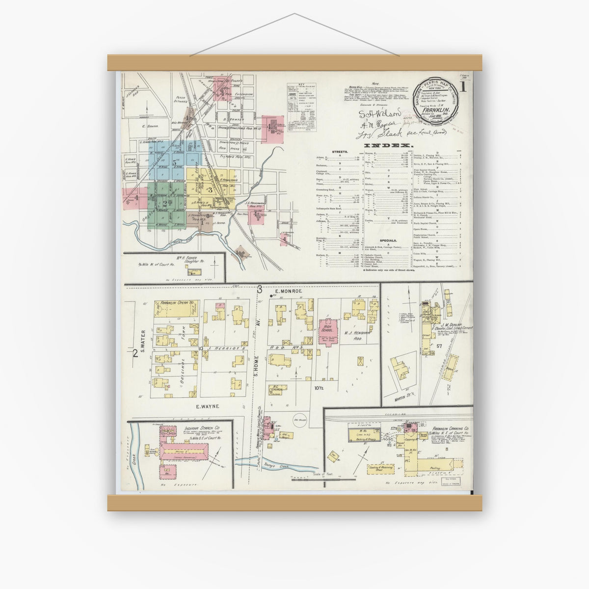 Old map wall art mockup — magnetic wood frame on white wall — Sanborn Fire Insurance Map from Franklin, Johnson County, Indiana (1896) - Complete Map Set