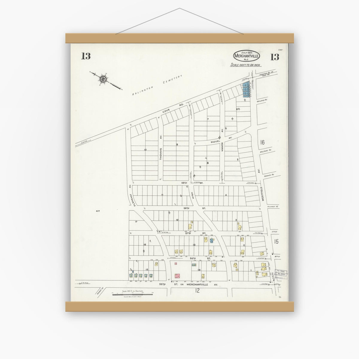 Old map wall art mockup — magnetic wood frame on white wall — Sanborn Fire Insurance Map from Merchantville, Camden County, New Jersey (1925), Sheet #0013
