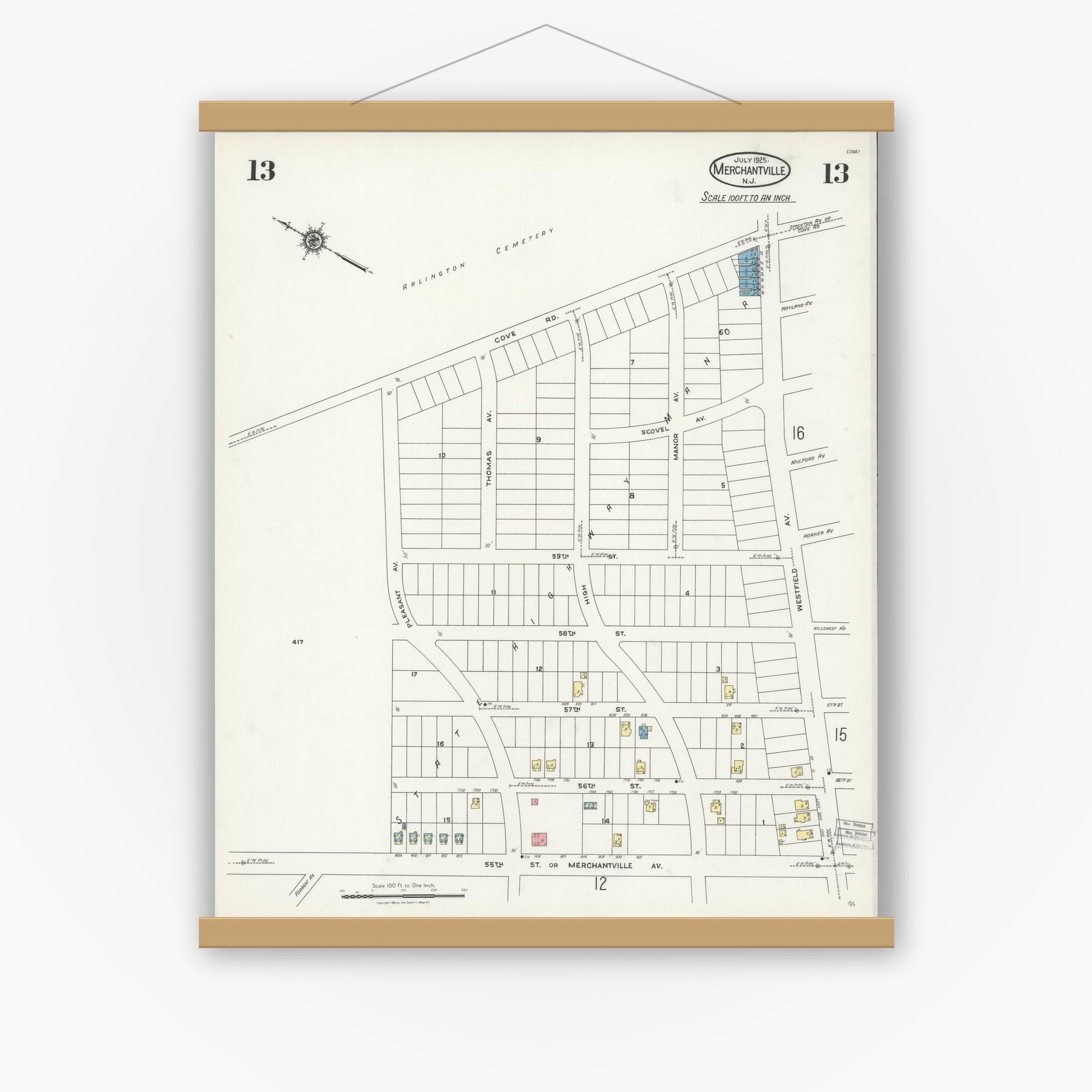 Old map wall art mockup — magnetic wood frame on white wall — Sanborn Fire Insurance Map from Merchantville, Camden County, New Jersey (1925), Sheet #0013
