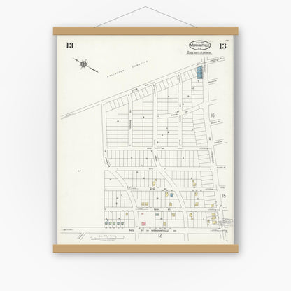 Old map wall art mockup — magnetic wood frame on white wall — Sanborn Fire Insurance Map from Merchantville, Camden County, New Jersey (1925), Sheet #0013