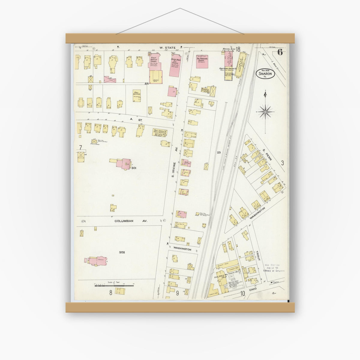 Old map wall art mockup — magnetic wood frame on white wall — Sanborn Fire Insurance Map from Sharon, Mercer County, Pennsylvania (1908), Sheet #0006
