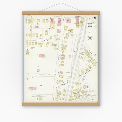 Old map wall art mockup — magnetic wood frame on white wall — Sanborn Fire Insurance Map from Sharon, Mercer County, Pennsylvania (1908), Sheet #0006