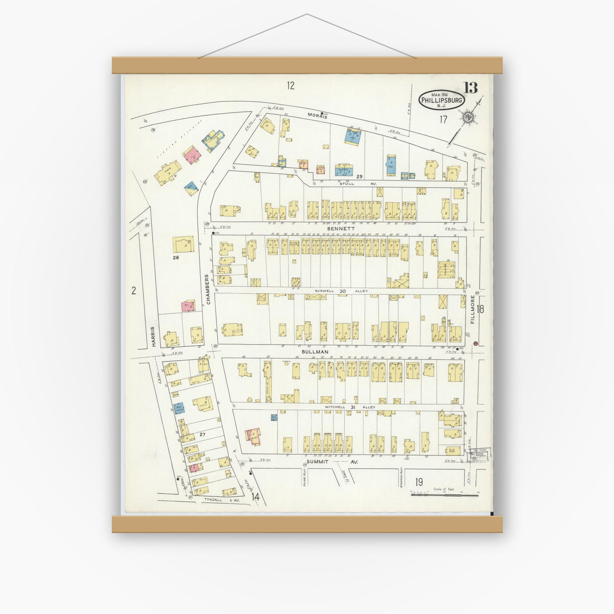 Old map wall art mockup — magnetic wood frame on white wall — Sanborn Fire Insurance Map from Phillipsburg, Warren County, New Jersey (1916), Sheet #0013