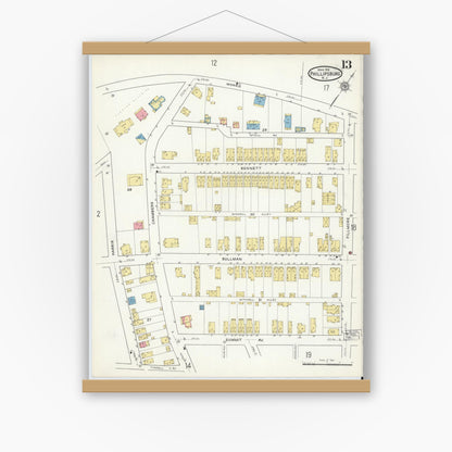 Old map wall art mockup — magnetic wood frame on white wall — Sanborn Fire Insurance Map from Phillipsburg, Warren County, New Jersey (1916), Sheet #0013