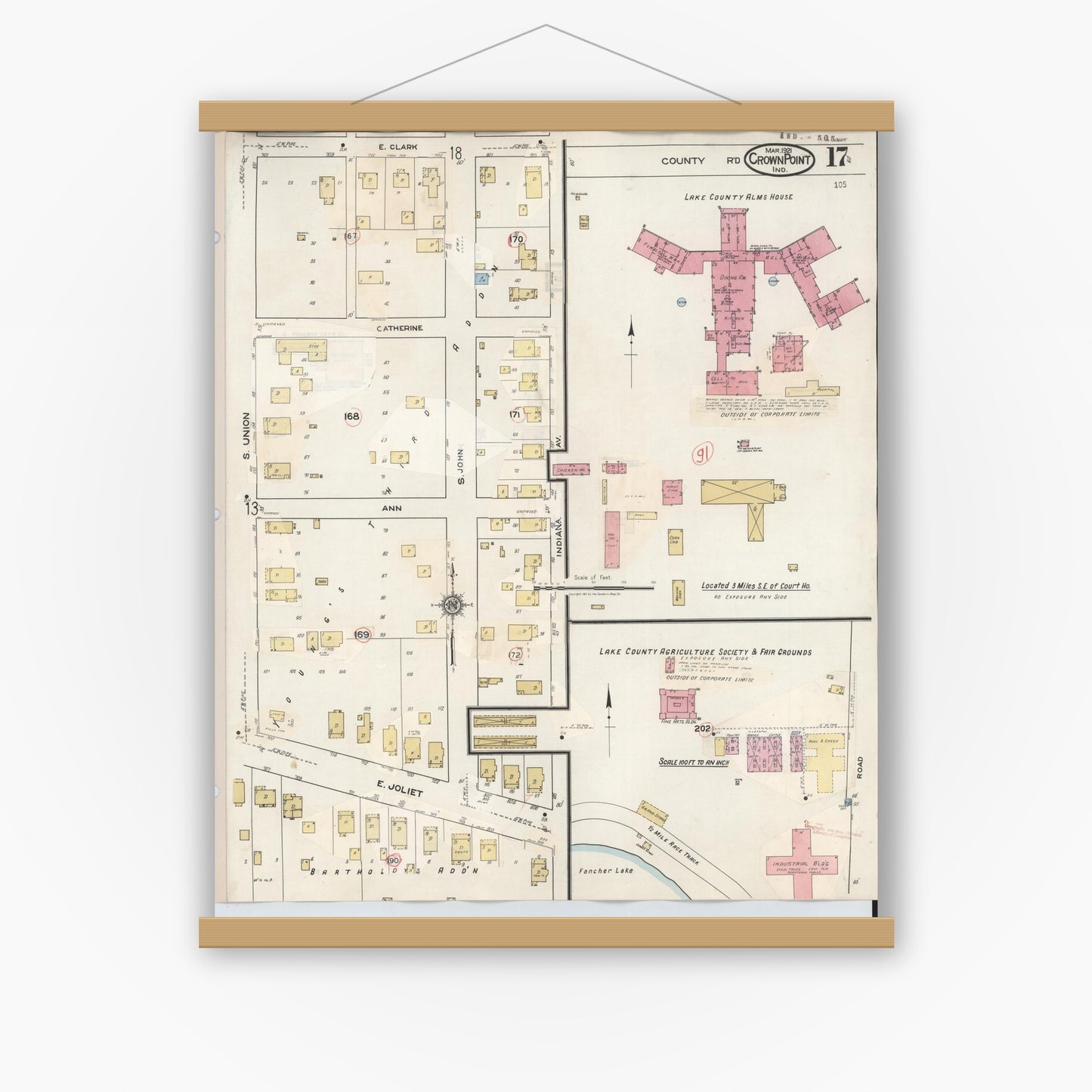Old map wall art mockup — magnetic wood frame on white wall — Sanborn Fire Insurance Map from Crown Point, Lake County, Indiana (1948), Sheet #0017