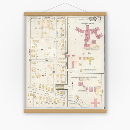 Old map wall art mockup — magnetic wood frame on white wall — Sanborn Fire Insurance Map from Crown Point, Lake County, Indiana (1948), Sheet #0017