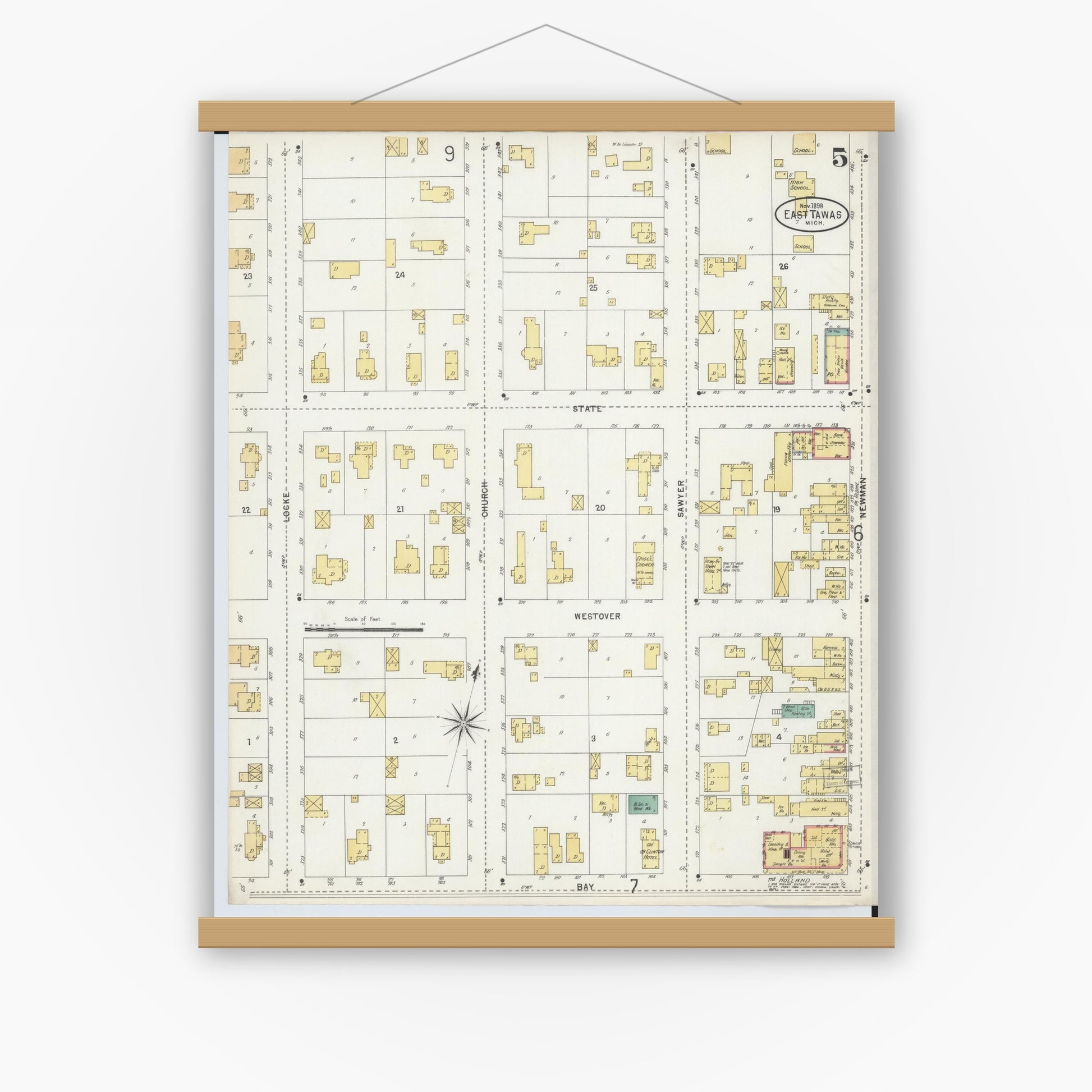 Old map wall art mockup — magnetic wood frame on white wall — Sanborn Fire Insurance Map from Tawas City, Iosco County, Michigan (1898), Sheet #0005