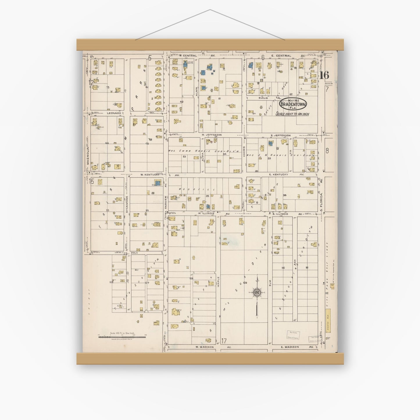 Old map wall art mockup — magnetic wood frame on white wall — Sanborn Fire Insurance Map from Bradentown, Manatee County, Florida (1922), Sheet #0016