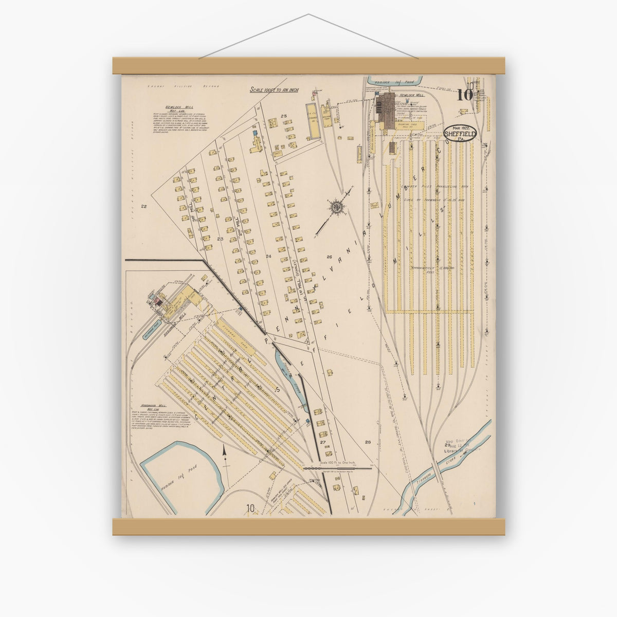 Old map wall art mockup — magnetic wood frame on white wall — Sanborn Fire Insurance Map from Sheffield, Warren County, Pennsylvania (1922), Sheet #0010
