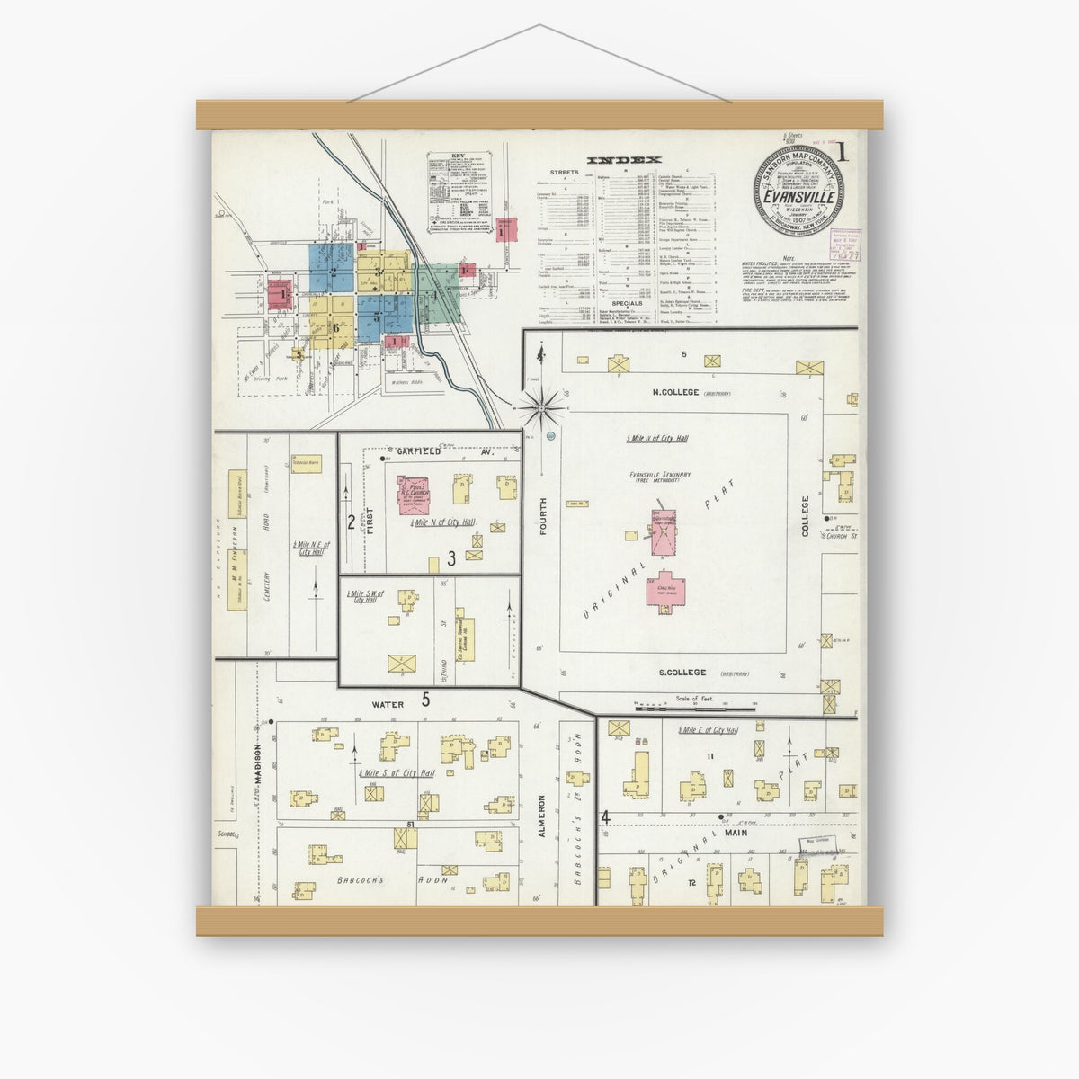 Old map wall art mockup — magnetic wood frame on white wall — Sanborn Fire Insurance Map from Evansville, Rock County, Wisconsin (1907), Sheet #0001