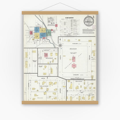 Old map wall art mockup — magnetic wood frame on white wall — Sanborn Fire Insurance Map from Evansville, Rock County, Wisconsin (1907), Sheet #0001