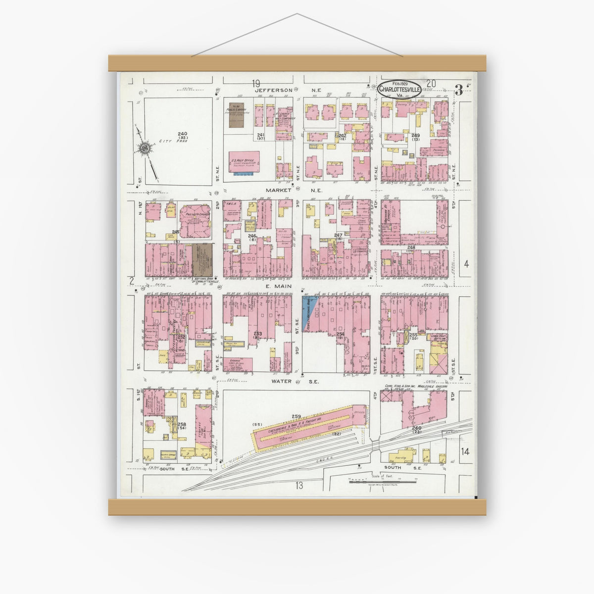 Old map wall art mockup — magnetic wood frame on white wall — Sanborn Fire Insurance Map from Charlottesville, Independent Cities, Virginia (1920), Sheet #0003