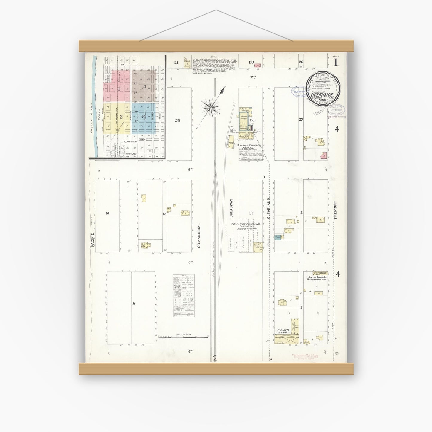 Old map wall art mockup — magnetic wood frame on white wall — Sanborn Fire Insurance Map from Oceanside, San Diego County, California (1897) - Complete Map Set