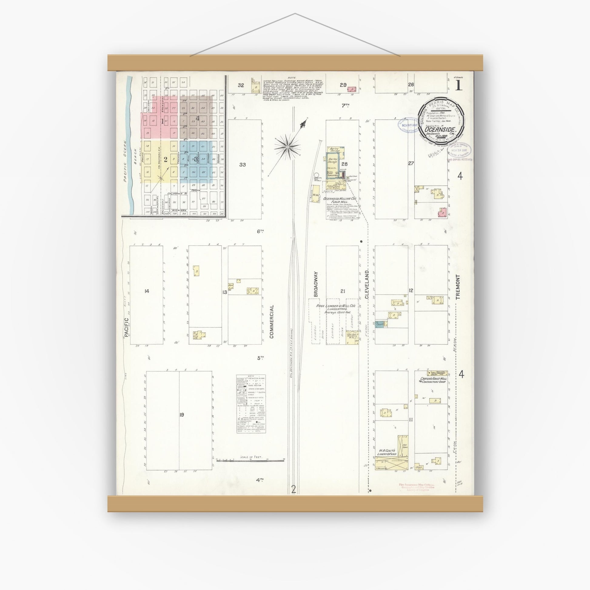 Old map wall art mockup — magnetic wood frame on white wall — Sanborn Fire Insurance Map from Oceanside, San Diego County, California (1897) - Complete Map Set