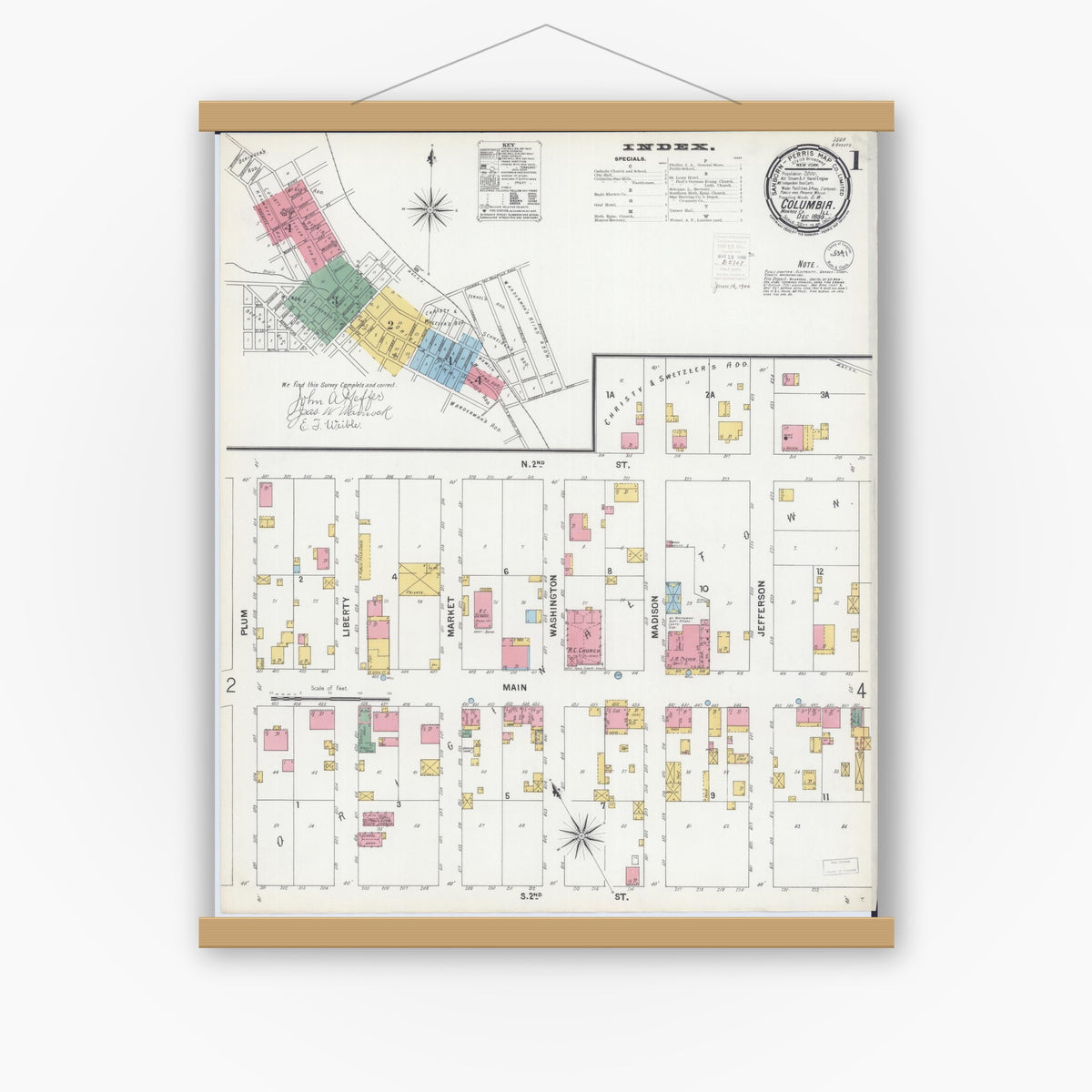 Old map wall art mockup — magnetic wood frame on white wall — Sanborn Fire Insurance Map from Columbia, Monroe County, Illinois (1899), Sheet #0001