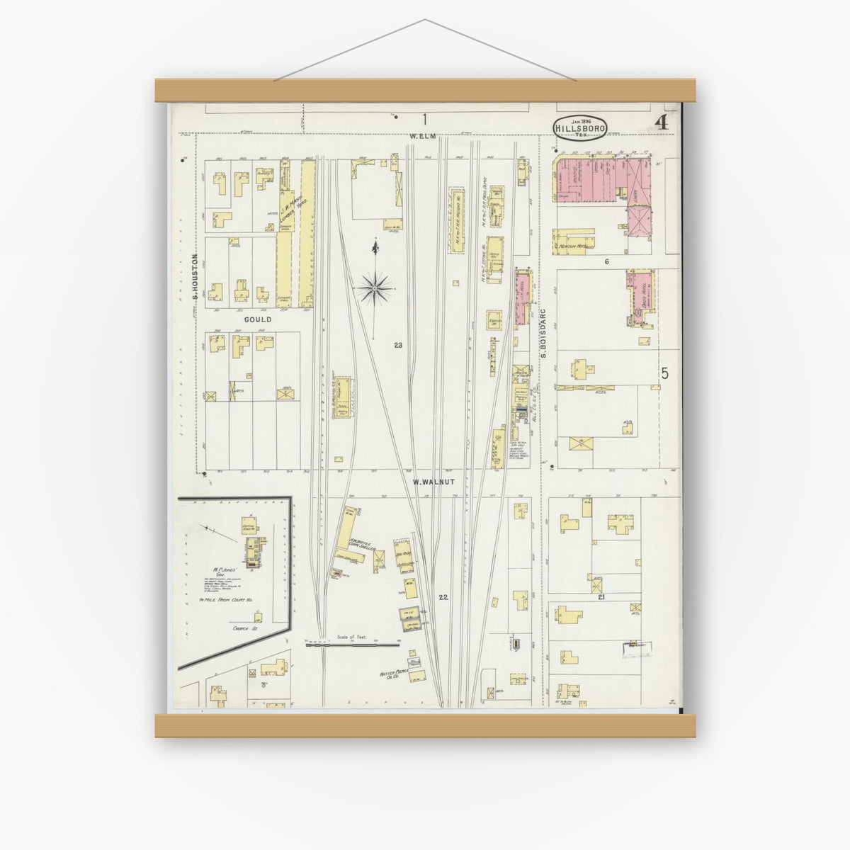 Old map wall art mockup — magnetic wood frame on white wall — Sanborn Fire Insurance Map from Hillsboro, Hill County, Texas (1896), Sheet #0004