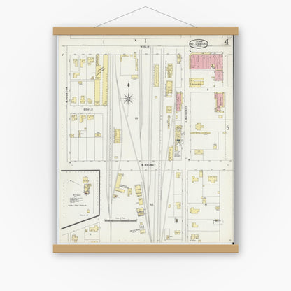 Old map wall art mockup — magnetic wood frame on white wall — Sanborn Fire Insurance Map from Hillsboro, Hill County, Texas (1896), Sheet #0004