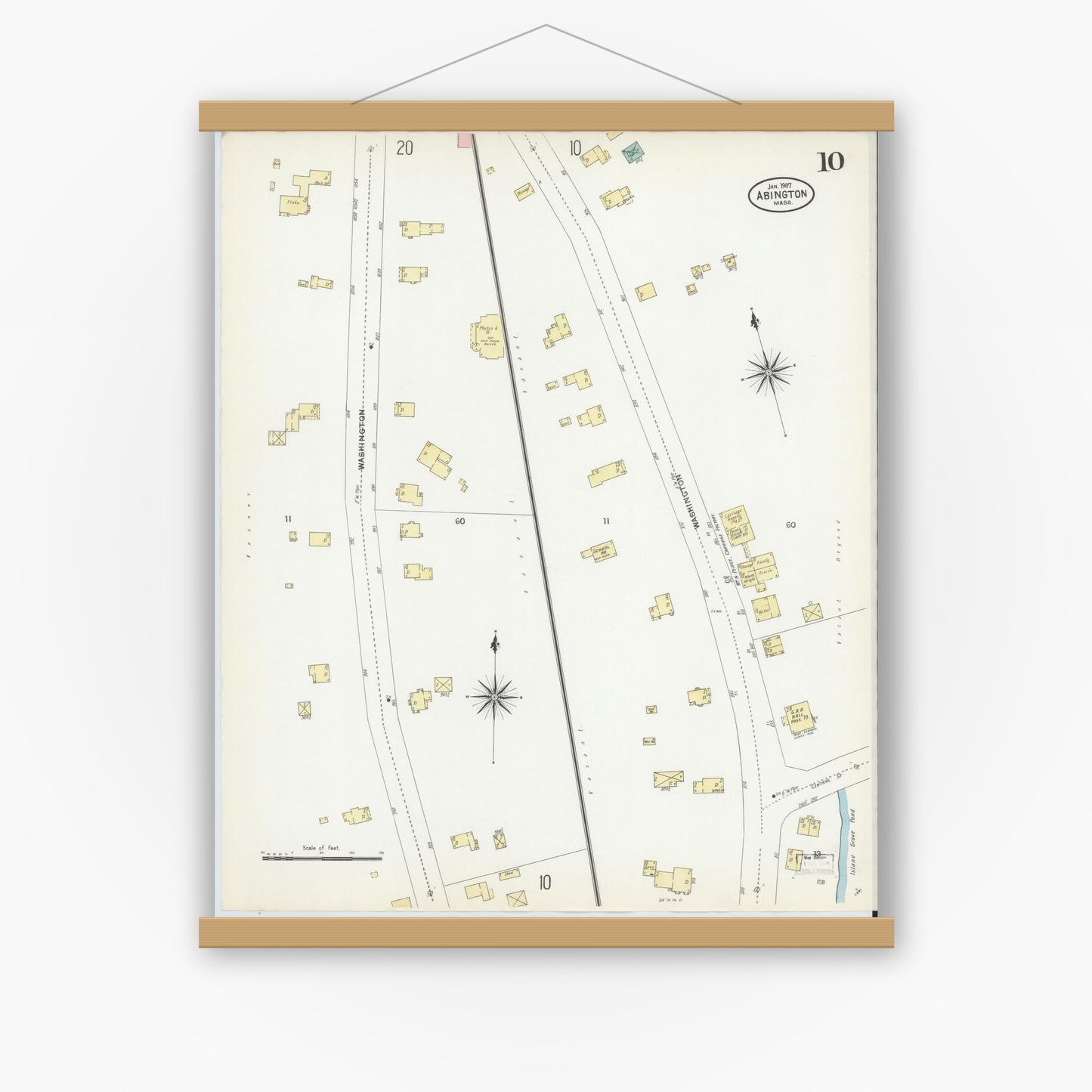 Old map wall art mockup — magnetic wood frame on white wall — Sanborn Fire Insurance Map from Abington, Plymouth County, Massachusetts (1907), Sheet #0010