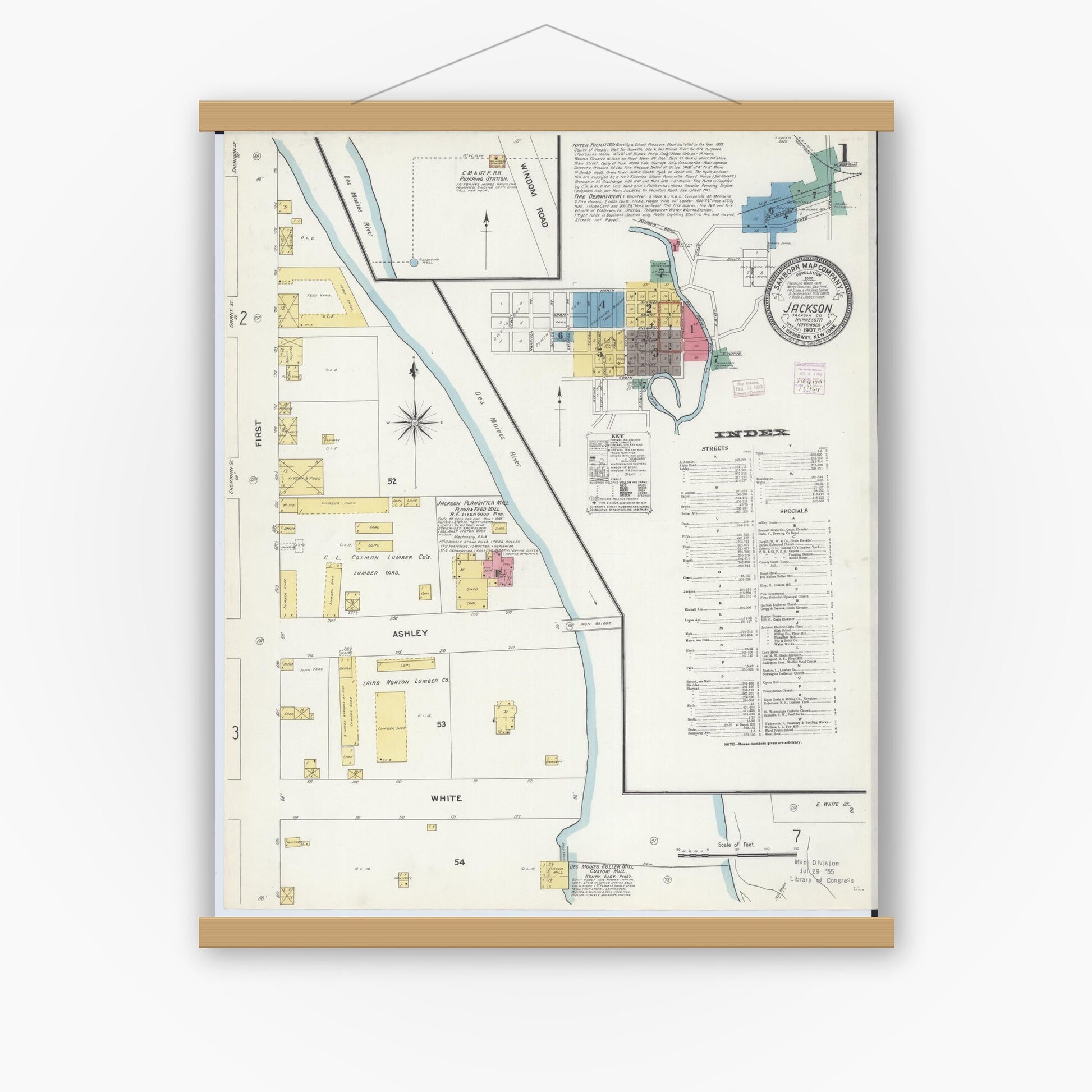 Old map wall art mockup — magnetic wood frame on white wall — Sanborn Fire Insurance Map from Jackson, Jackson County, Minnesota (1907) - Complete Map Set