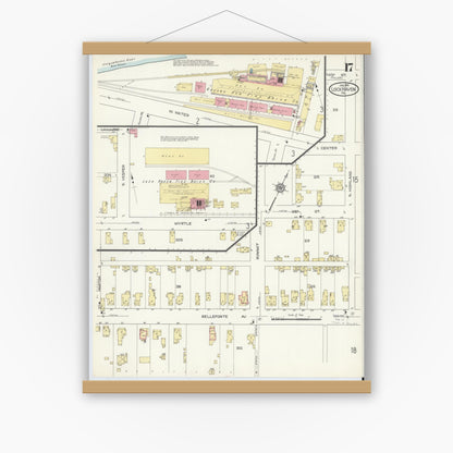 Old map wall art mockup — magnetic wood frame on white wall — Sanborn Fire Insurance Map from Lock Haven, Clinton County, Pennsylvania (1914), Sheet #0017