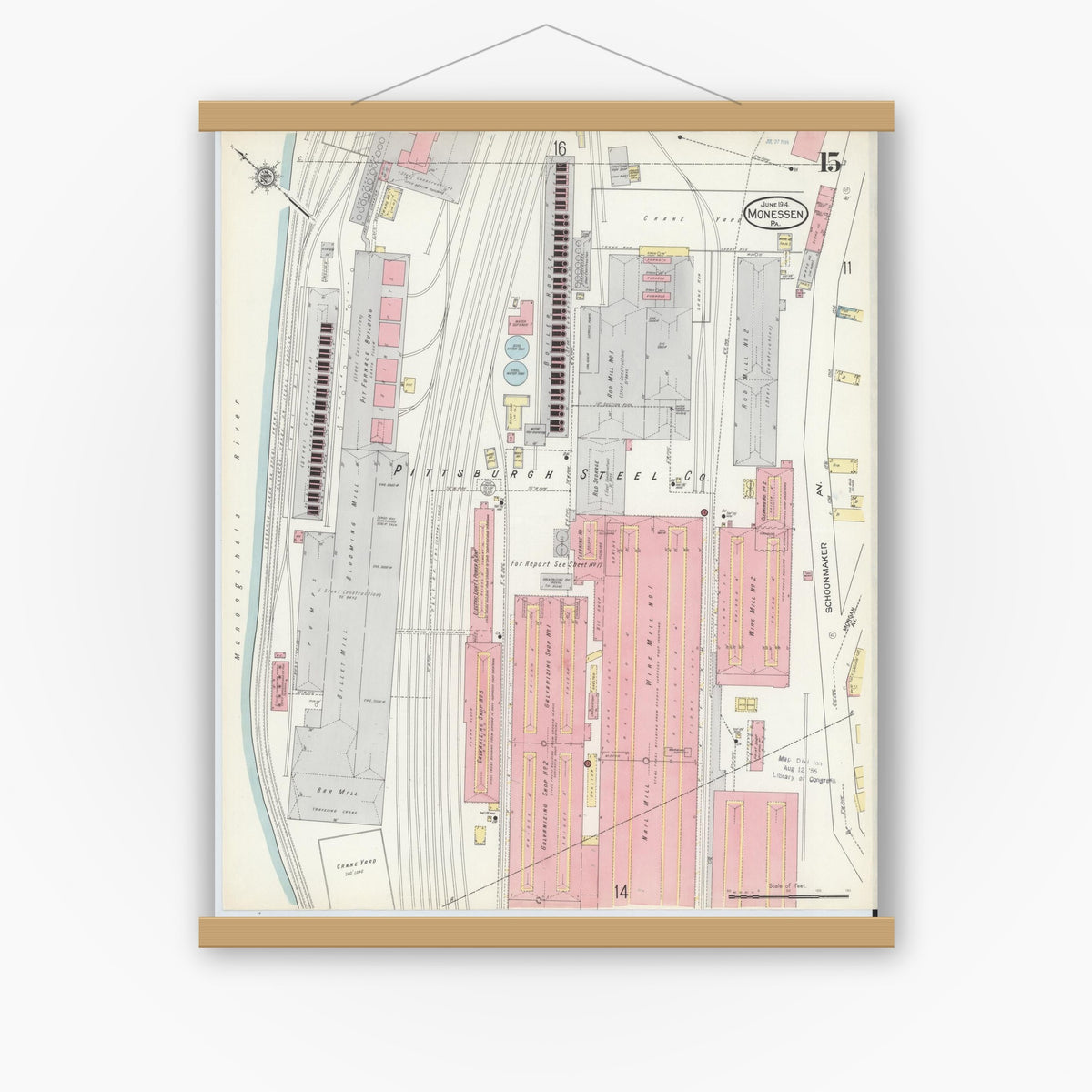 Old map wall art mockup — magnetic wood frame on white wall — Sanborn Fire Insurance Map from Monessen, Westmoreland County, Pennsylvania (1914), Sheet #0015