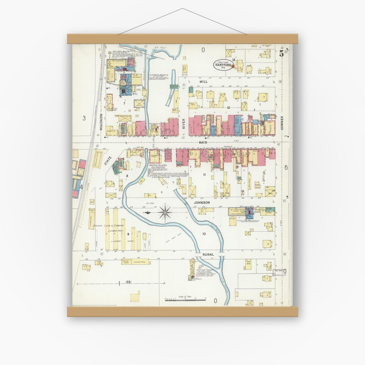 Old map wall art mockup — magnetic wood frame on white wall — Sanborn Fire Insurance Map from Hartford, Washington County, Wisconsin (1907), Sheet #0005