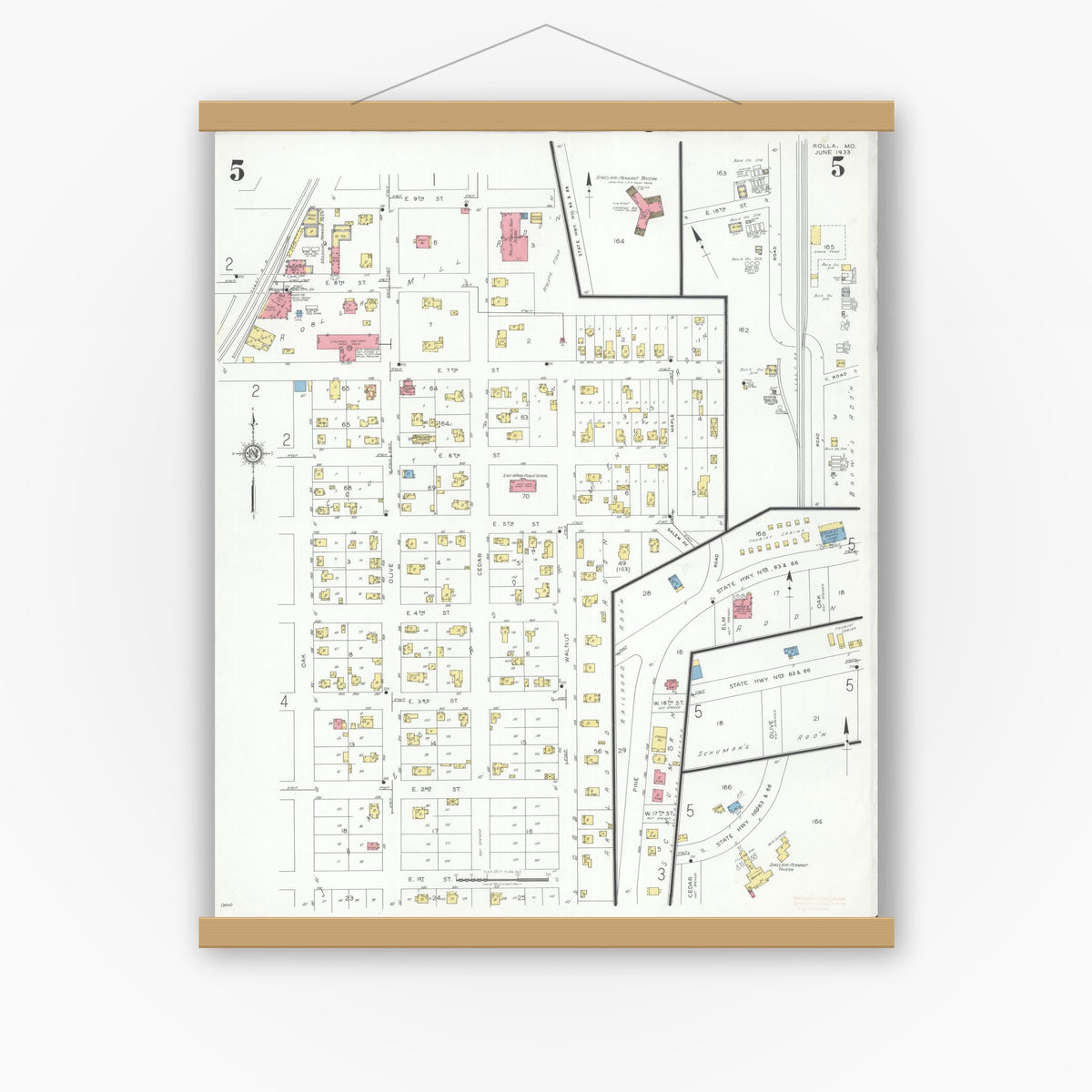 Old map wall art mockup — magnetic wood frame on white wall — Sanborn Fire Insurance Map from Rolla, Phelps County, Missouri (1933), Sheet #0005