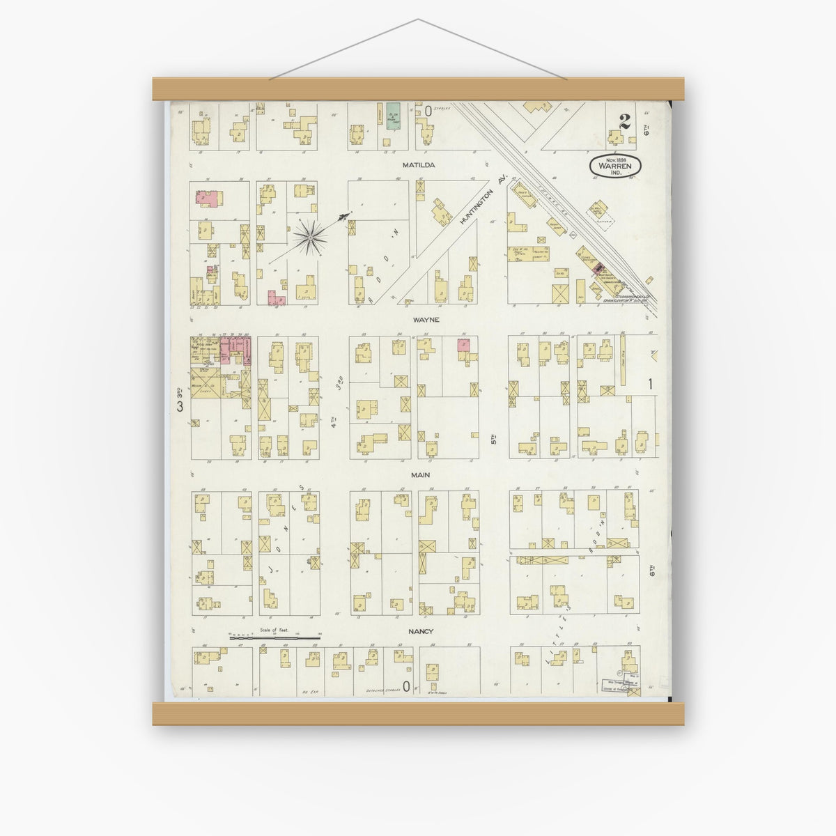 Old map wall art mockup — magnetic wood frame on white wall — Sanborn Fire Insurance Map from Warren, Huntington County, Indiana (1898), Sheet #0002