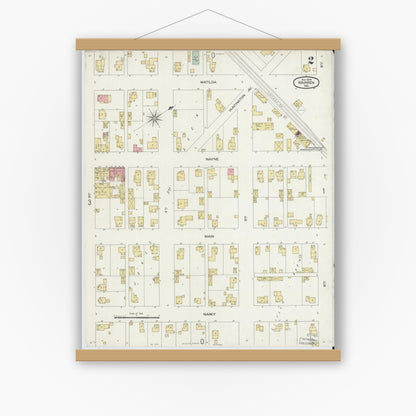 Old map wall art mockup — magnetic wood frame on white wall — Sanborn Fire Insurance Map from Warren, Huntington County, Indiana (1898), Sheet #0002