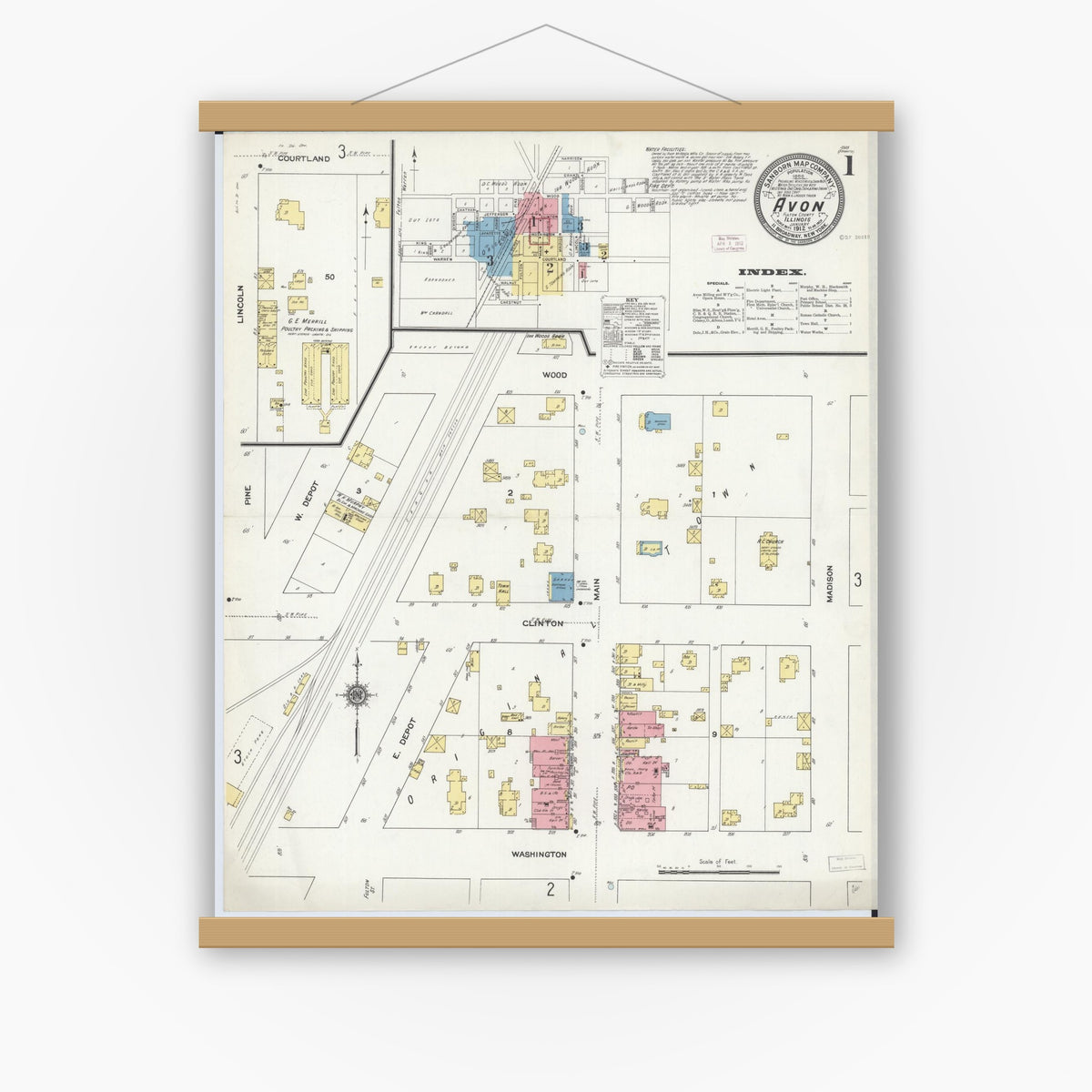 Old map wall art mockup — magnetic wood frame on white wall — Sanborn Fire Insurance Map from Avon, Fulton County, Illinois (1912), Sheet #0001
