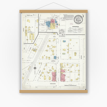 Old map wall art mockup — magnetic wood frame on white wall — Sanborn Fire Insurance Map from Avon, Fulton County, Illinois (1912), Sheet #0001