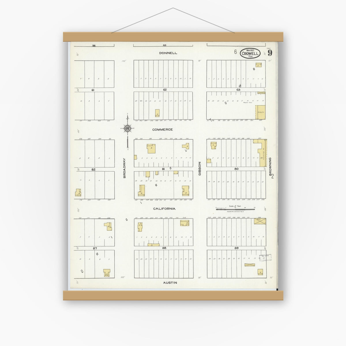 Old map wall art mockup — magnetic wood frame on white wall — Sanborn Fire Insurance Map from Crowell, Foard County, Texas (1921), Sheet #0009
