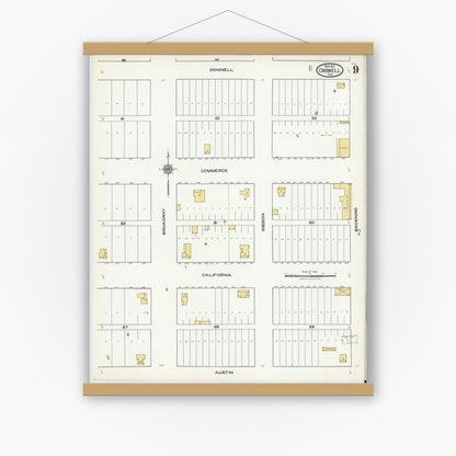 Old map wall art mockup — magnetic wood frame on white wall — Sanborn Fire Insurance Map from Crowell, Foard County, Texas (1921), Sheet #0009